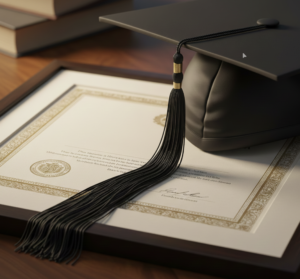 Graduation Cap with Tassel and Diploma.