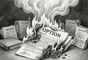Gamble Option. A paper stack with the word options is burning.