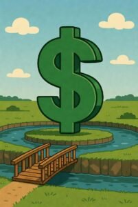 money Sign inside a moat cartoon