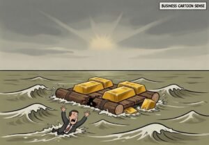 Small raft with gold sinking, a man swimming.