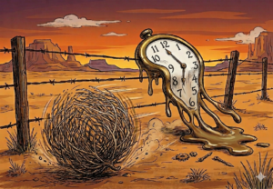 A clock that is melting in the desert with a tumble weed rolling.